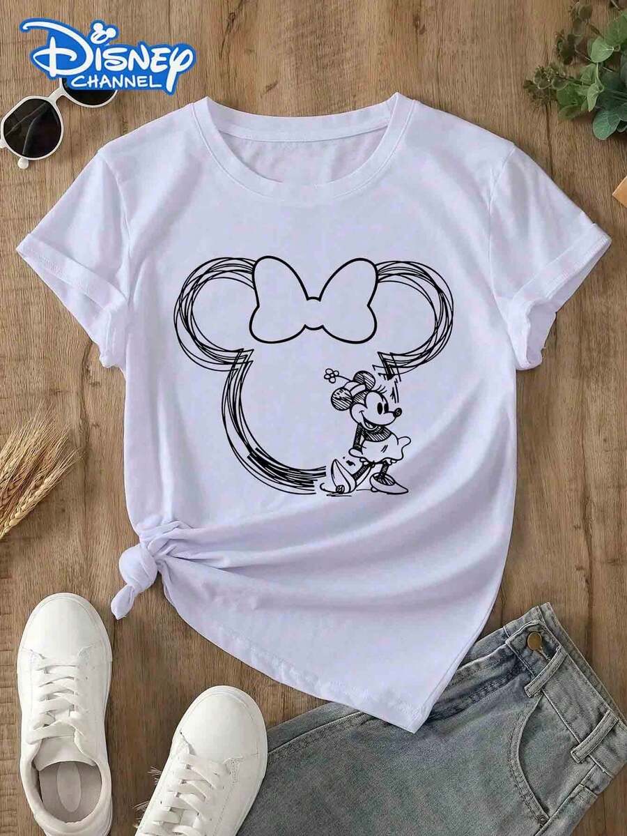 Disney Lady's T-Shirt, Featuring A Mickey MouseLine Cartoon Pattern Print. Spring/Summer StyleWomen's Round-Neck T-Shirt. The Fabric Is Soft,Comfortable And Breathable, Suitable For Daily Wear,Shopping, Traveling, Parties, And When At Home. It IsAlso Suitable As A Beautiful Gift. Every Lady DeservesTo Own One. - White - View 1