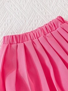 女孩时尚套装：吊带背心、珍珠刺绣网纱翻领无袖外套和简约百褶裙 - 玫紅色 - 查看 8