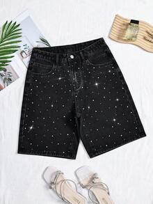Women's Rhinestone Embellished Washed Straight Leg Denim Shorts - Black - View 2