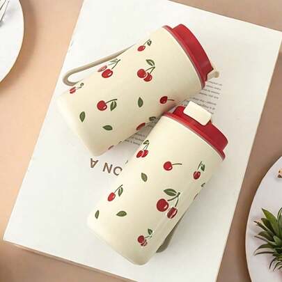 1个350/400毫升便携式塑料咖啡杯，配有尼龙提绳，密封防漏水杯，带盖保温杯，耐冷耐热，可重复使用，适用于洗碗机、冰箱和微波炉，适合学生和成人居家、学校、宿舍、办公室、户外露营、野餐、旅行、返校等场合使用。