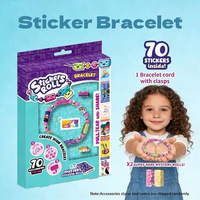 DIY Beaded Sticker Bracelets Set - Contains 70 Stickers, Including 2 Rolls Of Super Mystery Stickers,Wearable And Shareable Sticker Bracelets For Girls, Each Sticker Showcases A Different Cute Character!