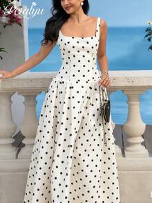 2026 New Resort Fashionable And Gentle Square Neck Polka Dot Waist-Cinching Ruffled Full Skirt Dress Party Princess Date - 黑與白 - 查看 2