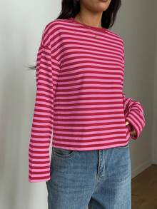 Women's Casual Top, Striped Contrast Ribbed Knit, Everyday Wear, Spring/Autumn - Rose Red - View 5