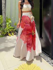 Women's Casual Linen Floral Print Skirt, Elastic High Waist Loose A-Line Flared Skirt, Elegant Summer Dress For Romantic Date, Wedding & Vacation - 白色 - 查看 6
