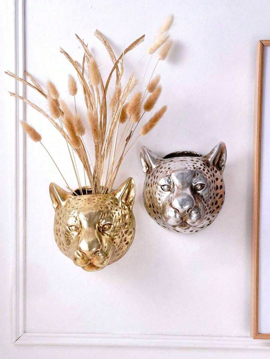 1pc European Retro Leopard Head Shaped Gold & Silver Foil Decor, Suitable For Floral Arrangement, Storage, Creative Animal Wall Art, Applicable For Home Decor, Room Decor, Birthday, Graduation, Christmas Decoration, Christmas Gift, Kitchen, Bedroom, Living Room, Party Decoration, Etc. - Multicolor - View 1