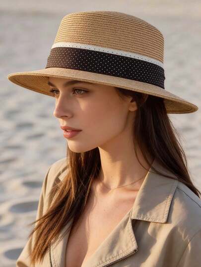 1pc Women's Polka Dot Ribbon Bow Decor Solid Color Woven Straw Hat, New Fashionable French Retro British Style Flat Top Breathable Sun Hat, Elegant Versatile Casual Streetwear Vacation Sun Protection Hat, Suitable For Daily Use