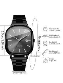 2pcs/Set Men's Gift Watch - Square Dial Fashion Engraved Calendar Dial Classic Stylish Quartz Wristwatch + Bracelet (Watch Box Not Included) - Black - View 3