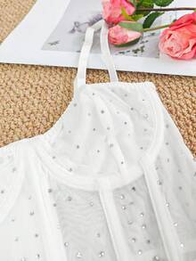 Black Rhinestone Thin Straps Bustier Top - 1 Piece Mesh Panel Cropped Waist Cinching Bust Enhancing Sexy Fashionable Date Party - أبيض - مشاهدة 5
