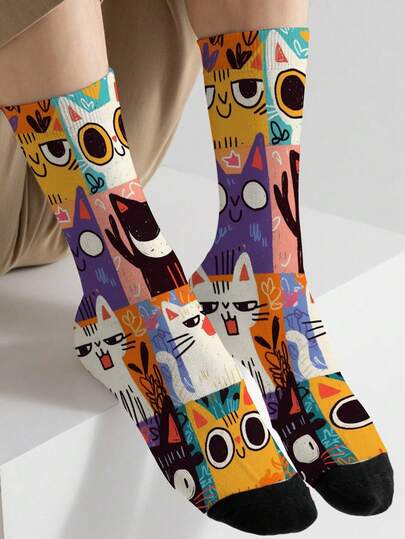 1 Pair 360 Men's Socks – Fun All-Over Print Featuring Color Cat,Soft, Comfortable, And Highly Elastic, These Fashionable Casual Streetwear Hip-Hop 360 Socks Are Perfect As Compression Gear, Valentine's Day Socks, Or Loose Maternity Socks.