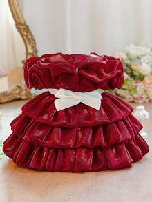 Baby Girls' Round Neck Contrast Bow Satin Cute Flower Girl Puffy Dress For Wedding, Birthday Party, Banquet, Excluding Headband - Burgundy - View 2
