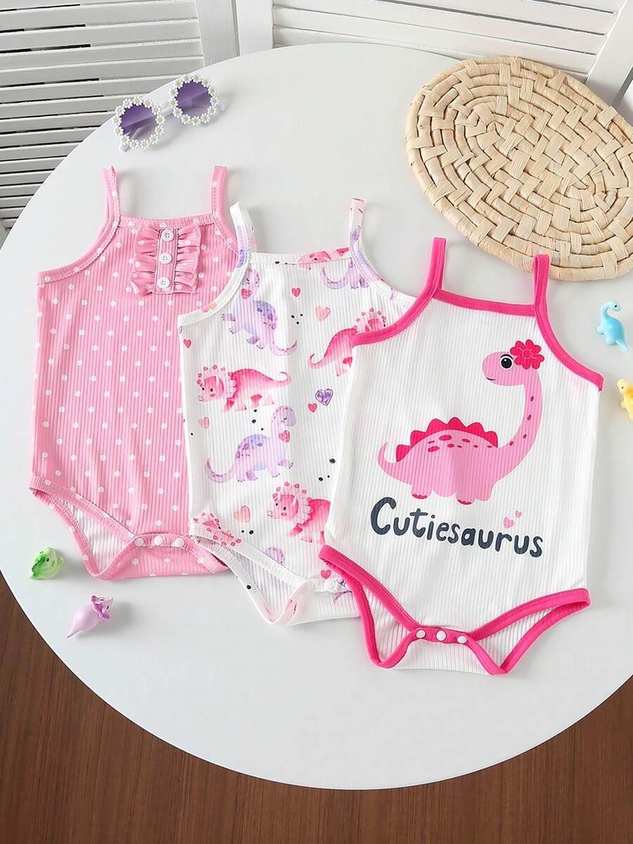 3pcs/Set Baby Girls' Summer Polka Dot & Dragon & Animal Print Romper Bodysuit Set - Multicolor - View 1