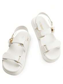 Sandalias planas cómodas de verano para mujer con punta abierta, sandalias de vestir de moda ajustables para mujer - Blanco - Ver 5