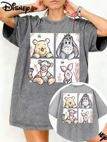 Disney Winnie The Pooh And Her Friends Are Playful And Funny Together, And They Are Printed Before And After The Decoration. A Fashionable Commuter Street Style Fashion Lovers' Old Washing Style Street  Men's And Women's T-Shirts - 灰色 - 查看 1