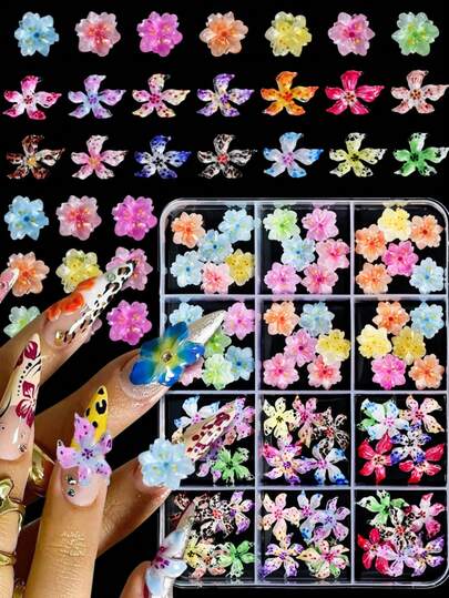 12格混色随机3D雕刻冰晶花美甲饰品树脂3D百合花水钻，打造奢华美甲装饰