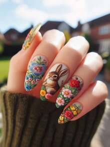 24pcs Medium Square Fake Nails With Rabbit & Flower Pattern, Pink Nail Art Stickers, Suitable For Women, Easter Themed - Multicolor - View 1