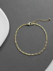 1pc Stainless Steel Double-Layered Stacked Anklet, Bohemian Beach Style Foot Chain, Women Valentine's Day Accessories - 金子 - 查看 6