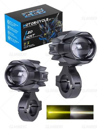 GLANBERT 2pcs Motorcycle Auxiliary LED Lights, Driving Spotlight White/Amber Fog Lights With Bracket Wiring Harness Waterproof Off-Road Work Lights Suitable For Motorcycle Car Truck 60W Driving Lights