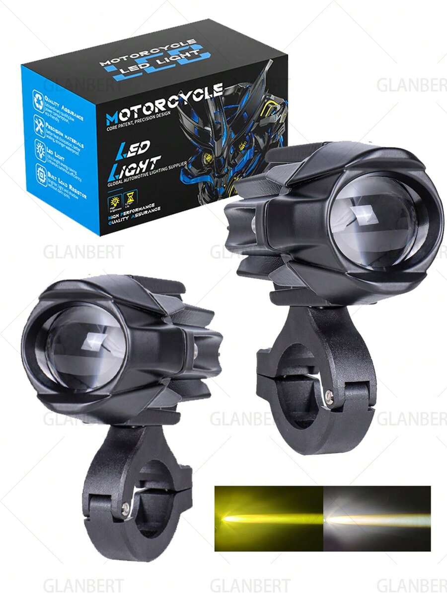 GLANBERT 2pcs Motorcycle Auxiliary LED Lights, Driving Spotlight White/Amber Fog Lights With Bracket Wiring Harness Waterproof Off-Road Work Lights Suitable For Motorcycle Car Truck 60W Driving Lights