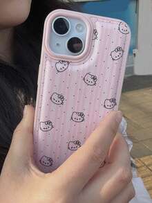 Sanrio 1个小众卡通可爱全幅线条点缀KT猫图标手机壳，适用于 17 Pro Max、Apple 17 Air、新款16 Pro Max/15 Pro、高端14 Pro，少女小众13/12/11防摔保护套 - 粉色 - 查看 5