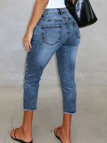 Jeans pitillo de talle 7/8 desgastados con lavado claro, pantalones lápiz elásticos para uso casual y diario en verano - Azul lavado oscuro - Ver 5