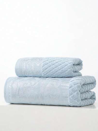 1pc Lightweight Thin Cotton Bath Towel, Pale Blue With Floral Jacquard Pattern, Rectangular 70*140cm For Adults, Swimming, Bathing, Wrapping; Also 34*74cm Hand Towel, Quick Drying, Absorbent, Soft, Suitable For Bathroom, Kitchen, Travel, Gifts, Gym, Beach, Hotel, Salon, Outdoor