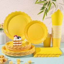 Yellow Flower Petal Disposable Tableware Set, Including 7/9 Inch Paper Plates, Paper Cups, Paper Napkins, Suitable For Birthday Party, Holiday Party, Picnic, Celebration, Wedding Tea Party, Graduation Ceremony Disposable Party Supplies - Yellow - View 1