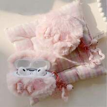 Autumn/Winter Plush Bow Heart Bluetooth Earphone Protective Case With Star Pendant, Anti-Drop Earphone Cover - Pink - View 1