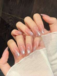 10片手工椭圆形亚克力美甲贴片，长款柔粉色美甲，闪亮猫眼，闪粉点缀，简约时尚优雅，适合春季、夏季、节日、派对、日常、约会、海滩、热带度假等场合，DIY美甲，适合女性和女孩作为礼物，手工美甲贴片 - 粉色 - 查看 2