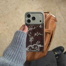 Ốp điện thoại bằng nhựa mạ bạc cổ điển, họa tiết hoa nhỏ màu trắng, cành cây và chim én, phù hợp với 17 Pro Max, 16 Pro Max, 15 Pro, 14, 13, dễ thương và thời trang dành cho nữ, mùa thu/đông. - màu nâu - Xem 2
