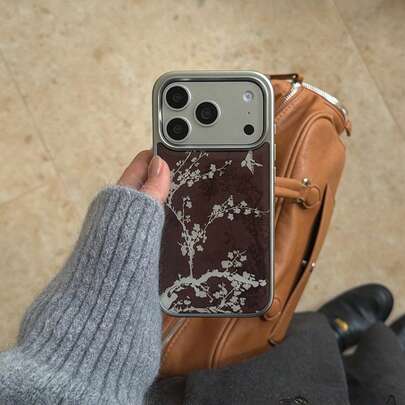 Vintage Silver Edged Resin Small White Flower, Branch, Swallow Design Phone Case, Suitable For IPhone 17 Pro Max, 16 Pro Max, 15 Pro, 14, 13, Cute & Fashionable For Girls, Autumn/Winter