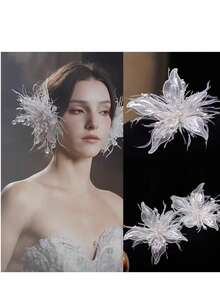 1个手工白色蕾丝花朵羽毛装饰发夹，新娘婚礼配饰，摄影棚化妆配饰，发爪，发夹，发卡，发卡 - 白色 - 查看 1