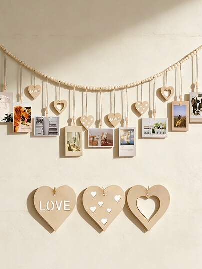 Heart-Shaped Hanging Photo Frame - A Wall Decor Piece Suitable For Displaying Photos. This Woven Wooden Bead Wreath Frame Comes With A Clip, Making It Perfect For Decorating Bedrooms, Living Rooms, Offices, And Dorms. It Can Hold Photos And Christmas Cards, Making It An Ideal Gift For Young Women.