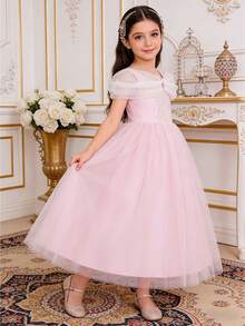 Young Girls Blue Off-Shoulder Tulle Princess Dress, Suitable For Party - Pink - View 3