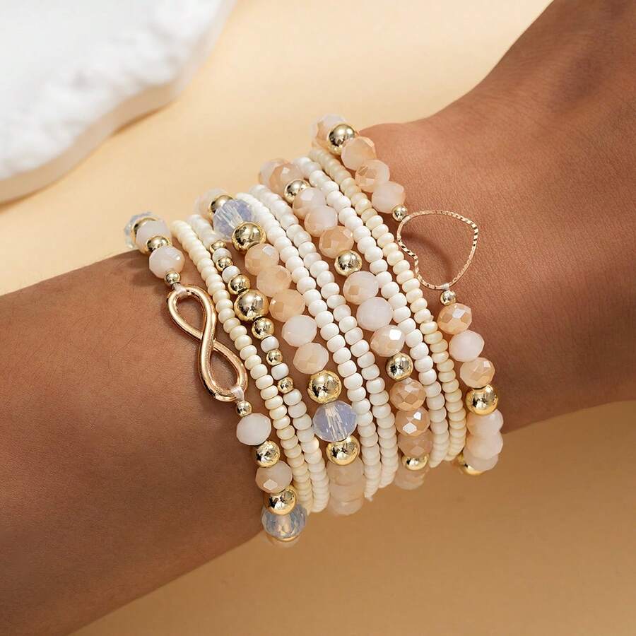 10件套波西米亚风串珠心形手链，优雅水晶般闪亮，母亲节礼物 - 米色 - 查看 1