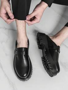 Men's Round Toe Derby Slip-On Loafers, Minimalist British Retro Style Thick Sole Leather Mules Shoes, Summer - Black - View 1