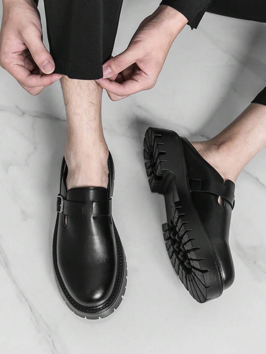 Men's Round Toe Derby Slip-On Loafers, Minimalist British Retro Style Thick Sole Leather Mules Shoes, Summer - Black - View 1