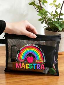 Maestra字母图案网眼化妆包，透明彩虹爱心设计化妆品收纳袋，字母印花拉链化妆包，透明网眼储物袋/洗漱包，便携式化妆包，适合收纳化妆品、护肤品和浴室用品，是送给她、老师、母亲、朋友、宿舍、母亲节、毕业季、旅行、复活节、返校季的理想礼物。 - 彩色 - 查看 3