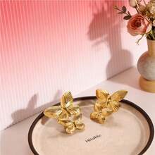 1对/2件 - 优雅蝴蝶女士金色耳环，14K镀金不锈钢夸张耳环 - 创意几何不规则纹理时尚饰品，优雅蝴蝶耳环，适合日常佩戴、派对、生日宴会等场合 - 金色 - 查看 5