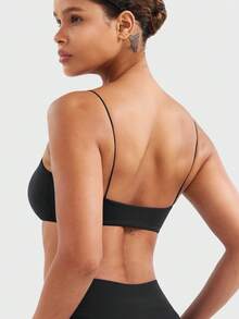 VOYJOY Women Spaghetti Strap Sports Bra Padded Low Support Seamless Impact Cami Square Neck Workout Yoga Bra Crop Top - 黑色 - 查看 2