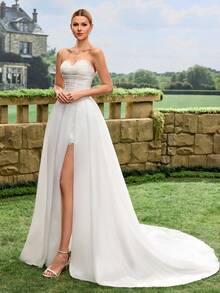 Elasola Vestido de novia blanco de línea A con encaje y cola, de unicolor satinado, para primavera - Blanco - Ver 11