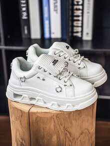 Men's Casual Sneakers White Punk Metal Pendant Thick Sole Casual Sneakers Student Shoes - White - View 8