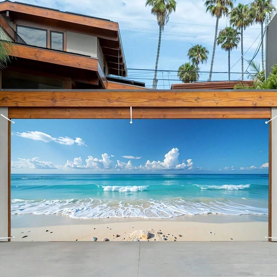 2D平面热带海滩车库门横幅,惊艳的户外装饰,无需安装,适合特殊活动 - 2 - 查看 1