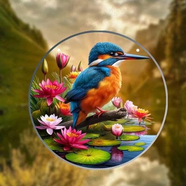 1pc 8x8 Inch Acrylic Round Plaque With Kingfisher Motif, Animal Themed Wedding Decor, Hanging Window Ornament, Porch And Wall Art, Home And Room Decoration, 2D Printed Bird Decor, Non-3D, Suitable For Valentine's Day, Wedding, Home, Ramadan, Room, Kitchen, Figurine, Atmosphere Decoration