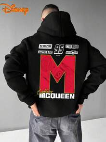 Disney Men's Casual Hoodie, Lightning McQueen "M" Letter & Sponsor Print, Racing Style, Relaxed Fit, Ideal For Disney Fans & Daily Wear - 黑色 - 查看 3