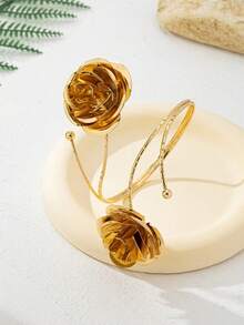 1 pieza Brazalete de flor de rosa de metal, accesorio de moda vintage de alta calidad, diseño de pétalos multicapa único, adecuado para fiestas, festivales, regalos - Amarillo dorado - Ver 5
