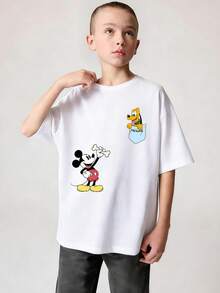 Disney Summer Tops,  Print Graphic Tee, Perfect For Cool Boys. Teen Boy Gift,Comfortable And Breathable Children's Short-Sleeved T-Shirt. 180g Pure Cotton Children's Clothes,Suitable For Both Boys And Girls.Suitable For Daily Wear, Vacations, Outdoor Activities, And As A Children's Gift. - Blanc - Voir 2