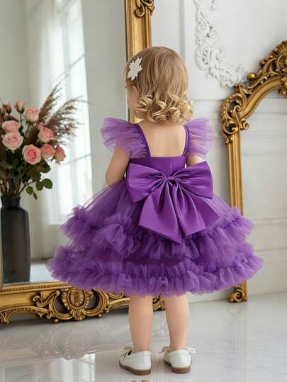 女婴V领蝴蝶结荷叶边网纱可爱婚纱，适合生日派对，不含头饰