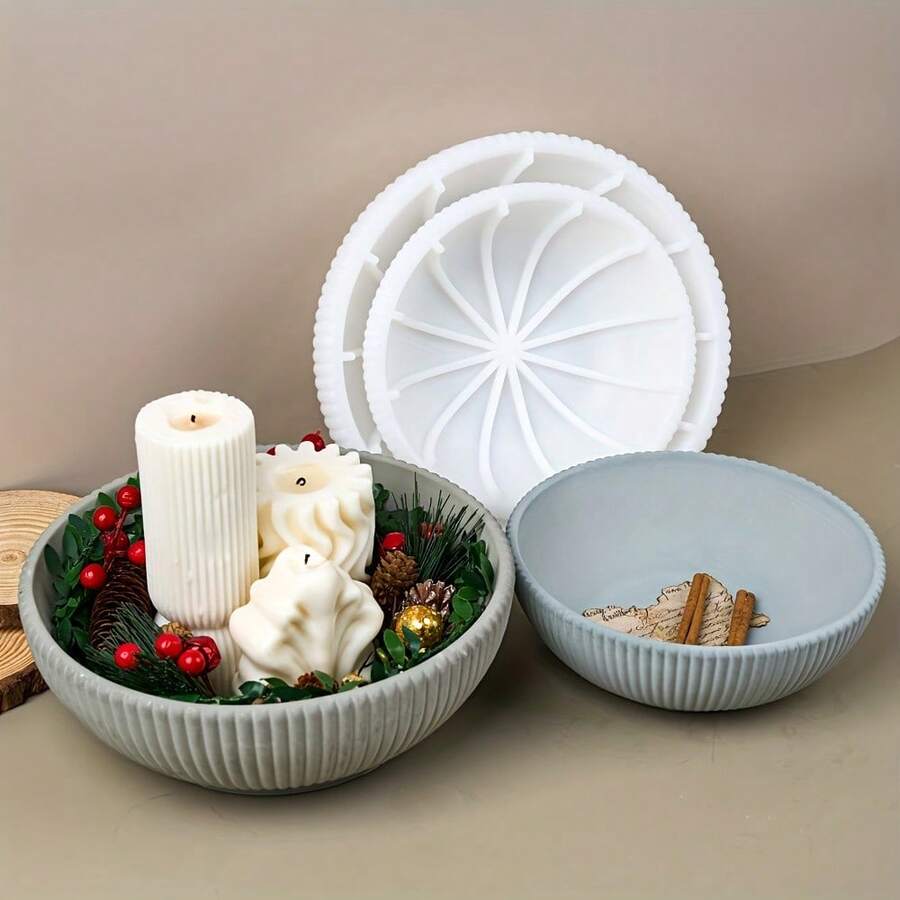 大小圆条纹储物碗、烛台、硅胶模具、DIY水晶环氧树脂、石膏碗、家居装饰 - 條紋收納碗模具 - 查看 1