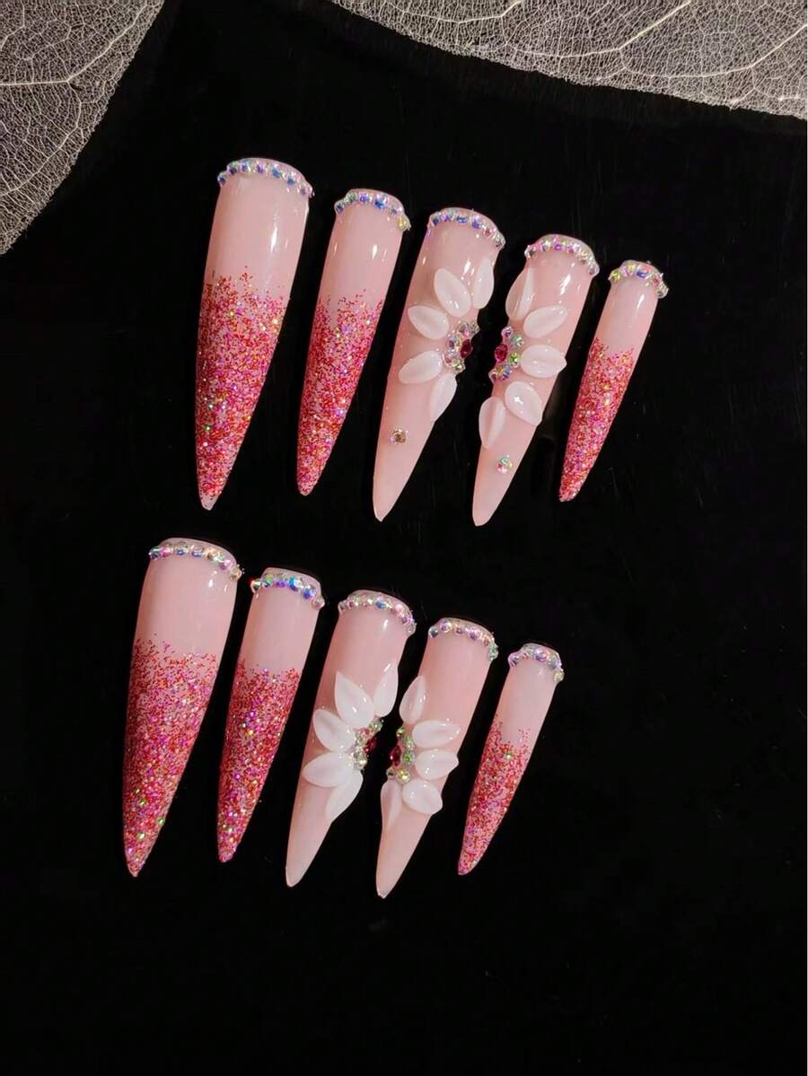 10 Pcs Handmade False Nails, Press On Nails,The Gentle And Romantic French Style, Featuring A Nude Pink Base With A Soft Texture, Is Enhanced By A Gradient Of Red Shimmering Powder, Creating A Hazy Atmosphere. - Multicolor - View 1