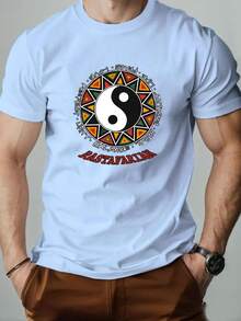 Camiseta de manga corta con cuello redondo y patrón de bagua para hombres - Negro - Ver 1